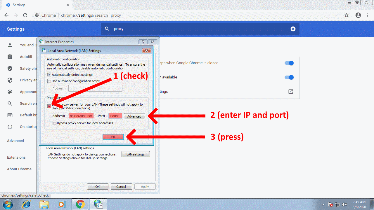 Check use a proxy server for your LAN, enter IP and port, click on OK