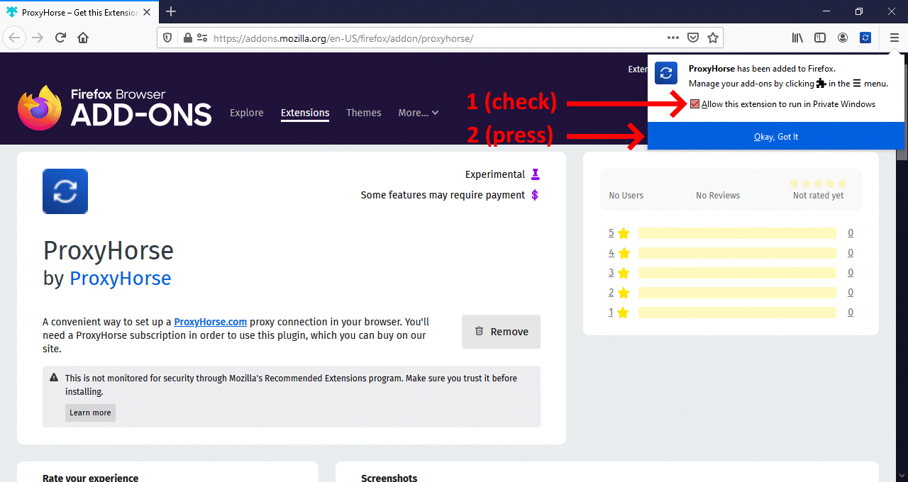 Check Allow this extension to run in Private Windows, click on Okay, Got It