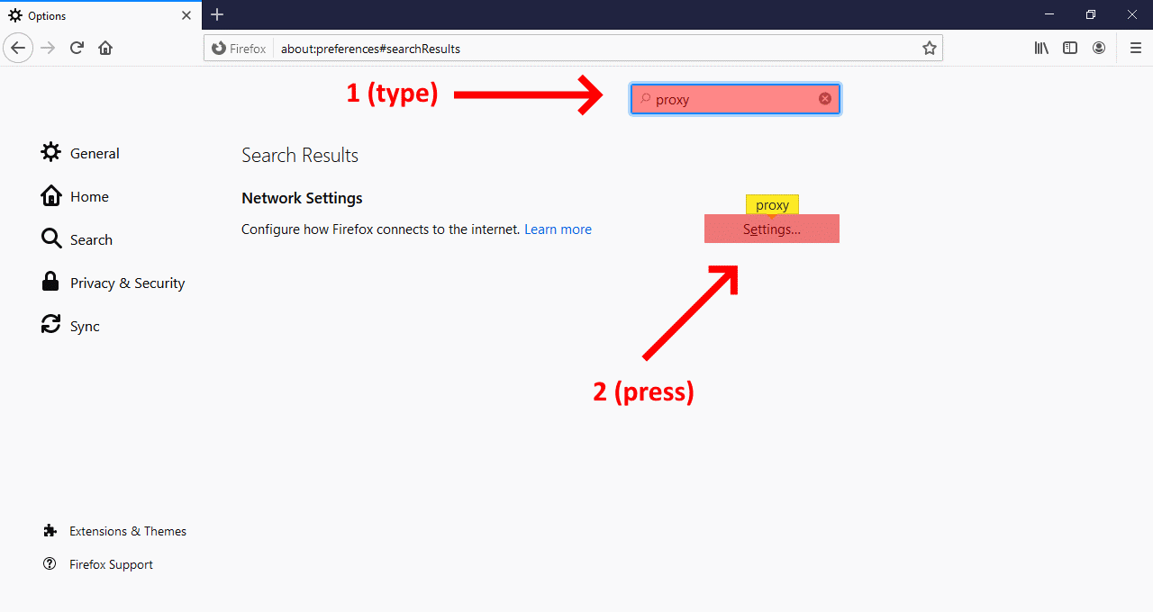 Type proxy in the search box, click on settings