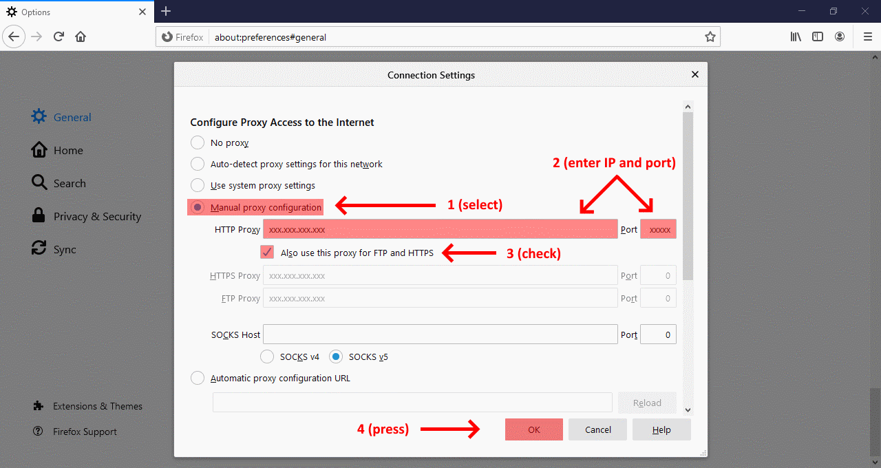 Select Manual proxy configuration, enter IP and port, check Also use this proxy for FTP and HTTPS, click on OK