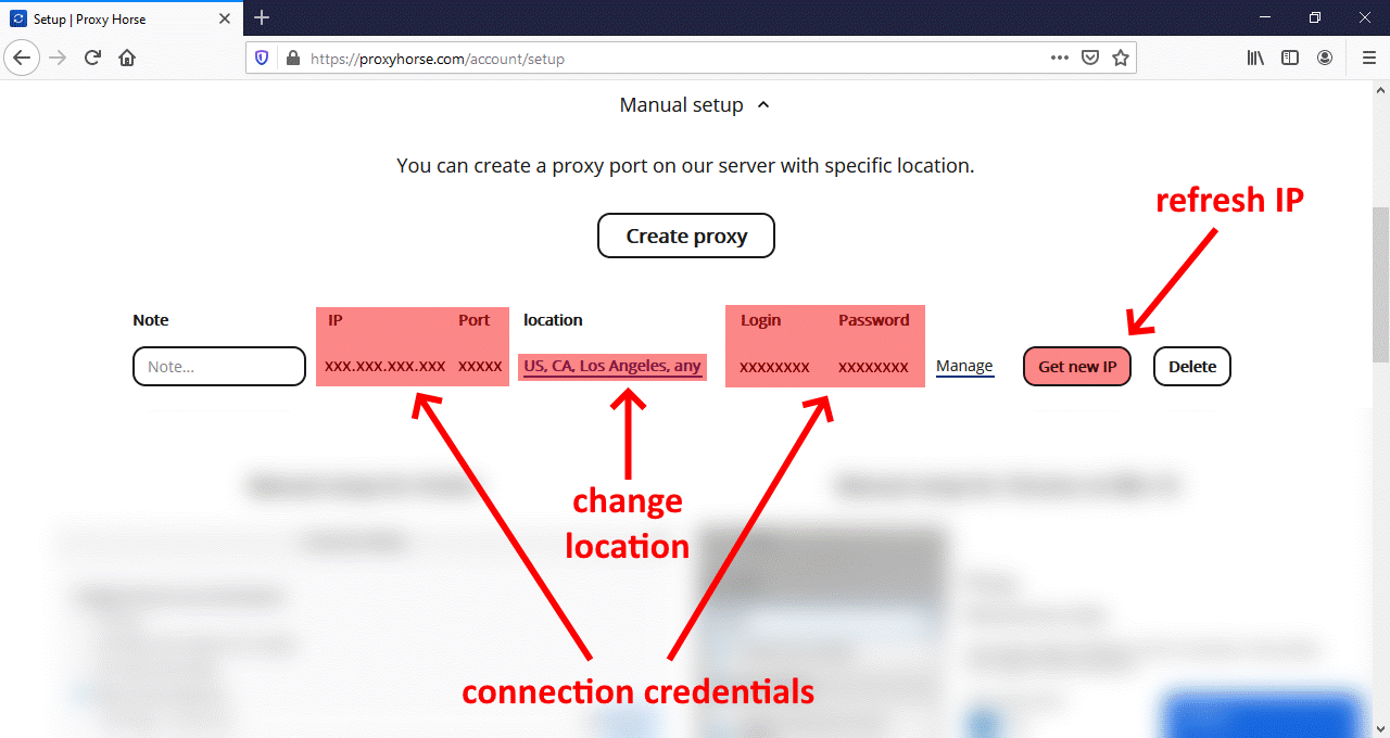 Connection credentials, change location, click on Get new IP to refresh IP