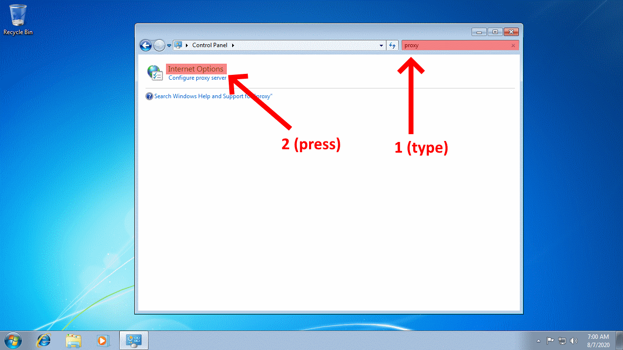 Type proxy in the search box, click on Internet Options