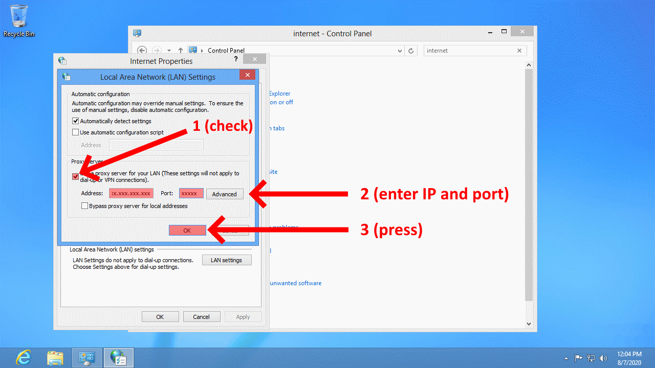 Check Use a proxy server for your LAN, enter IP and port, click on OK